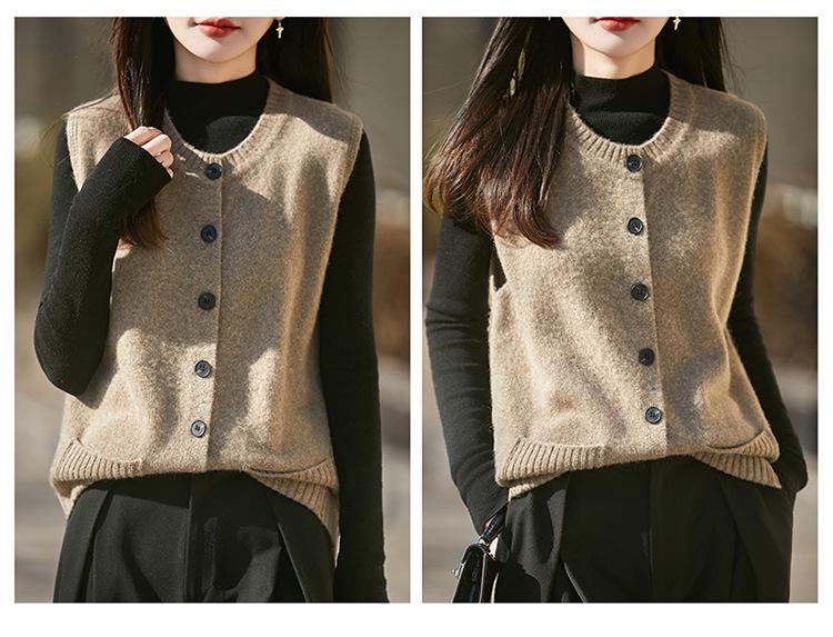 Damen Strickweste aus reiner Wolle - Rundhals-Cardigan mit Taschen für Herbst/Winter zum Schichten