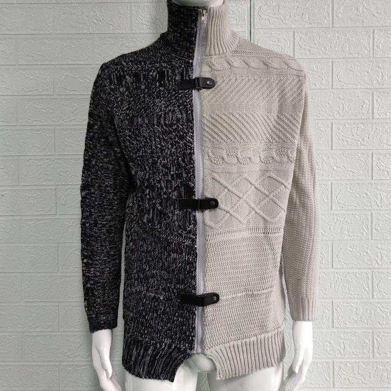 Men's Plus Size Color Block Buckle Knit Cardigan - High-Neck Long Sleeve Sweater for Autumn/Winter