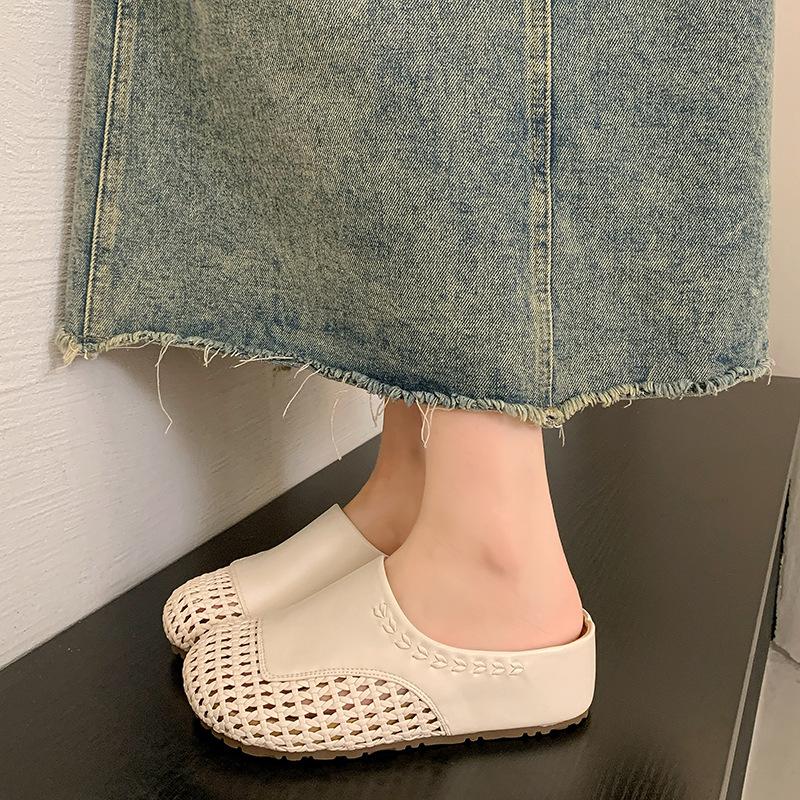 

Thick-soled inner height increase hollow woven bag head half slippers women s summer outer wear summer new retro one-pedal single shoes 40