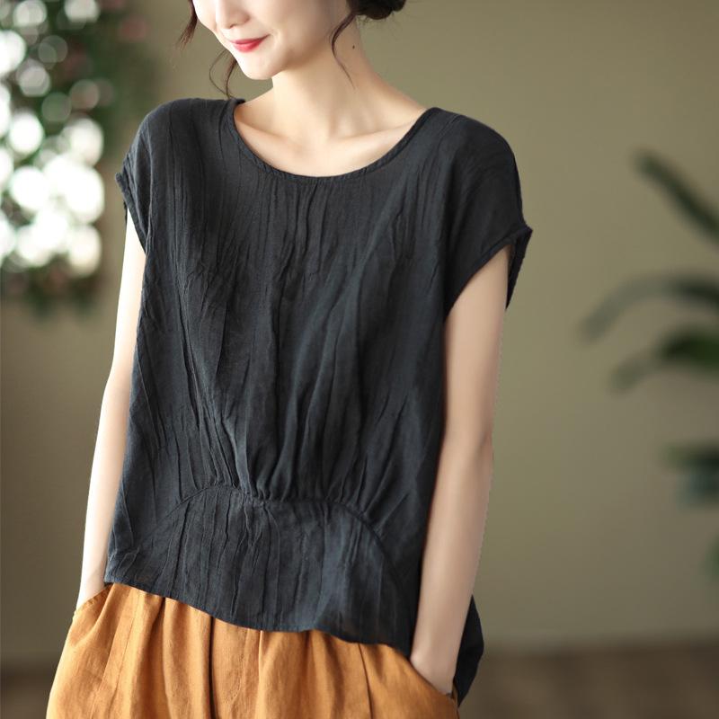 Women's Stylish Summer 2026 Solid Color Tencel Shirt - Loose Fit, Round Neck, Short Sleeves