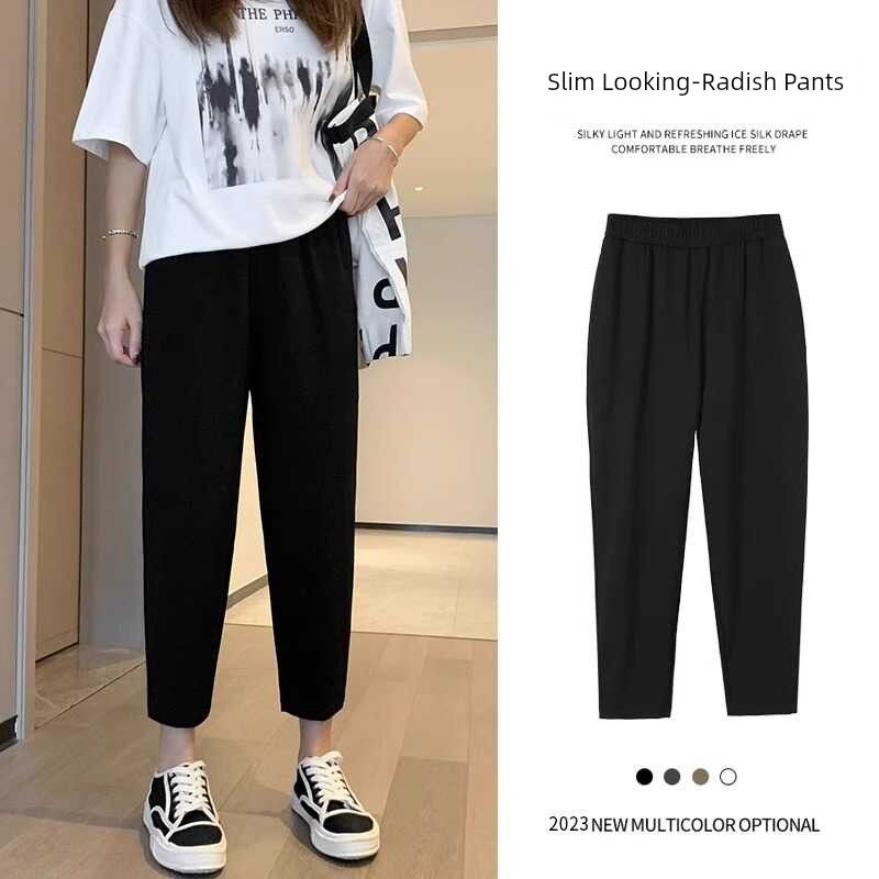 

Ice Silk Baggy Pants Women s Summer Thin High Waist Slim Looking Cropped Harem Pants Loose Chubby Girl Black Casual Pants Plus Size Black (Ice Silk - Lightweight) M
