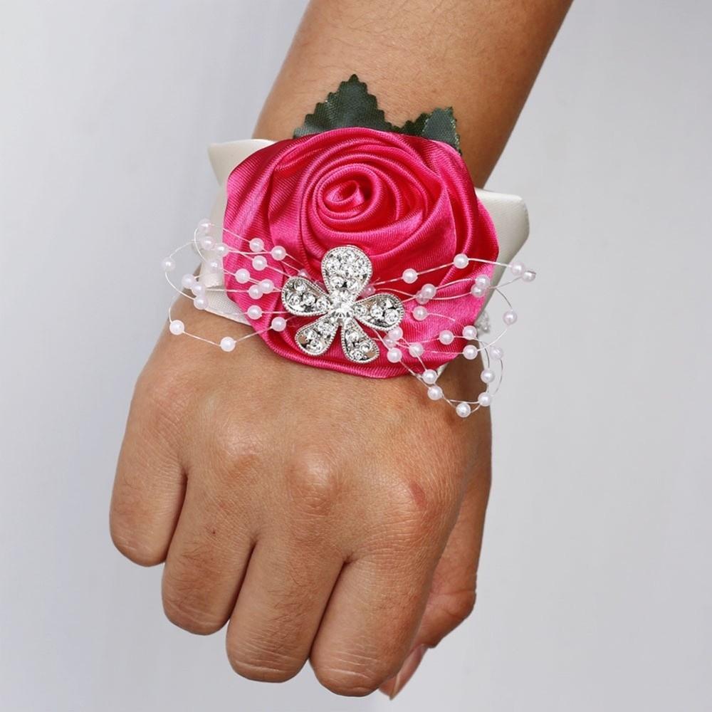 2pcs Pearl Rhinestone Wrist Corsage Diamond Rose Bridal Wrist Flower  For Bridal Party