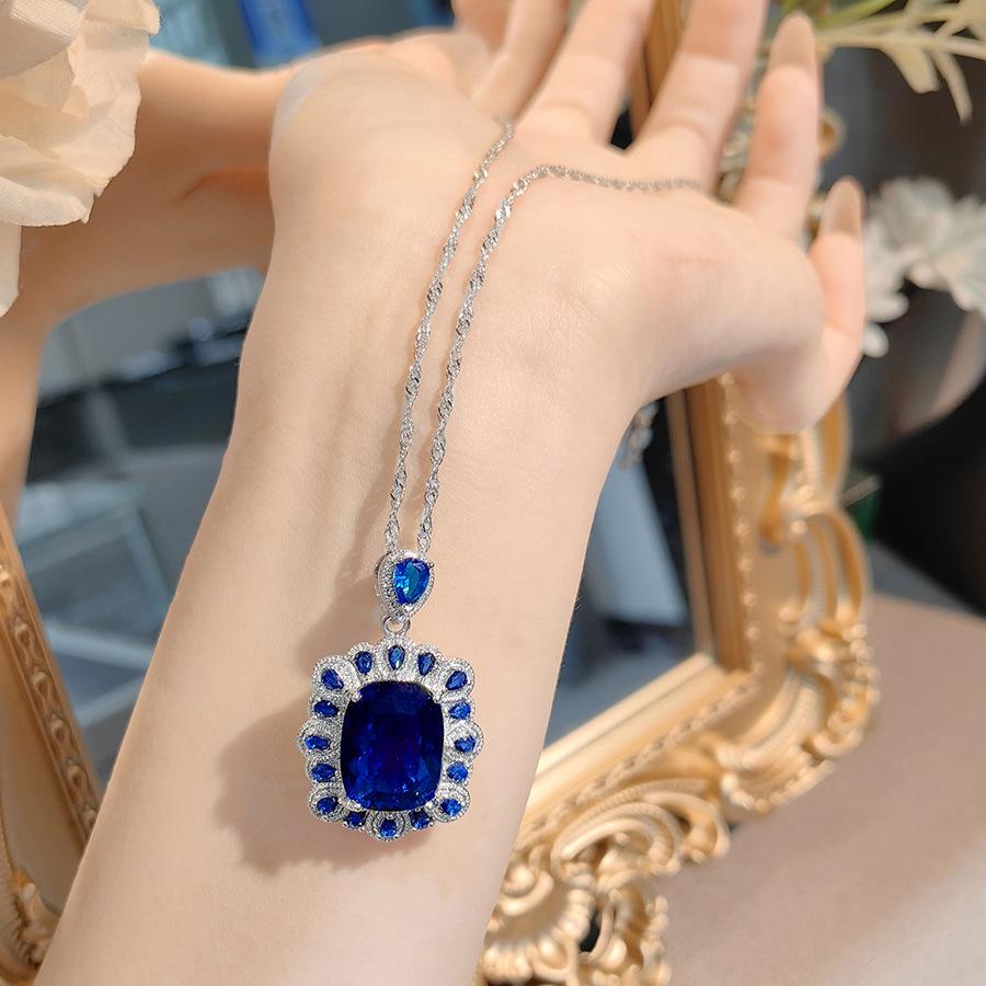 Simulation Royal Blue Treasure Pendant Necklace Pigeon Blood Red Earrings Set Emerald Female Stud Earrings Zircon Ring