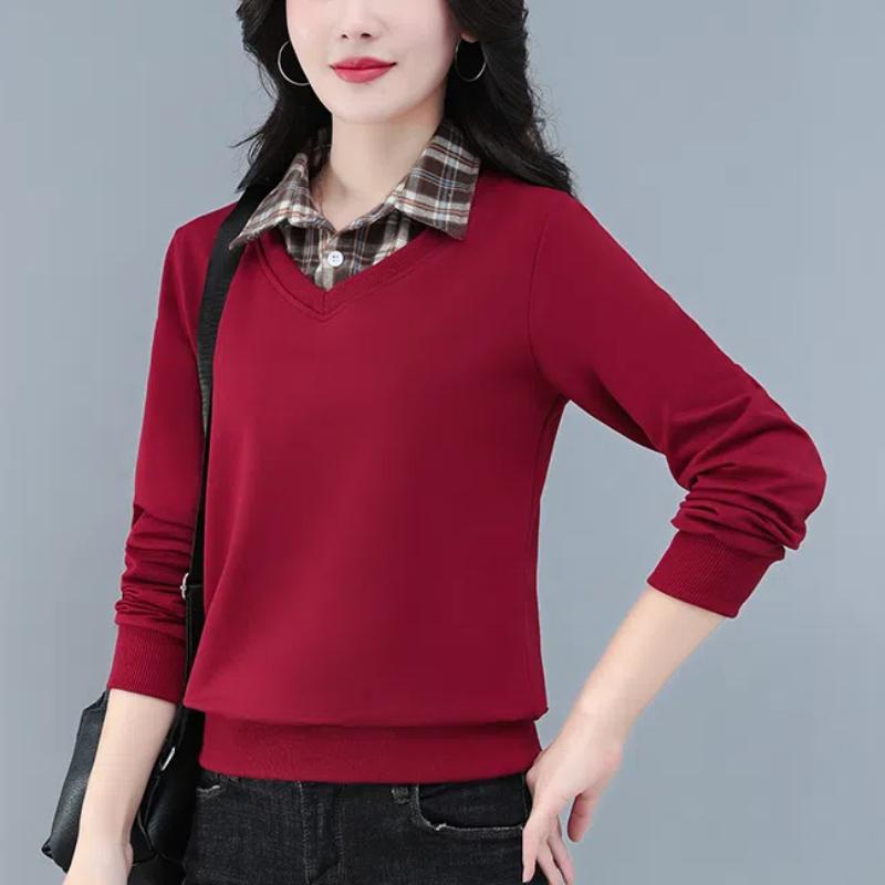 

Поддельные две части клетчатый фонарь пуговицы длинный рукав весна осень отложной воротник пуловер женская одежда повседневные топы L бордовый