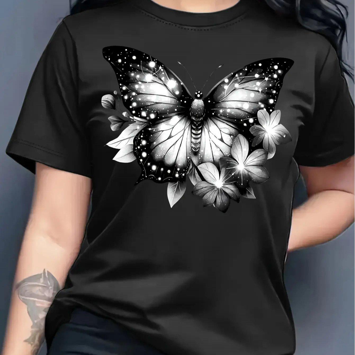 

Women s Butterfly Print Casual Round Neck Short Sleeve T-Shirt for Spring/Summer XL