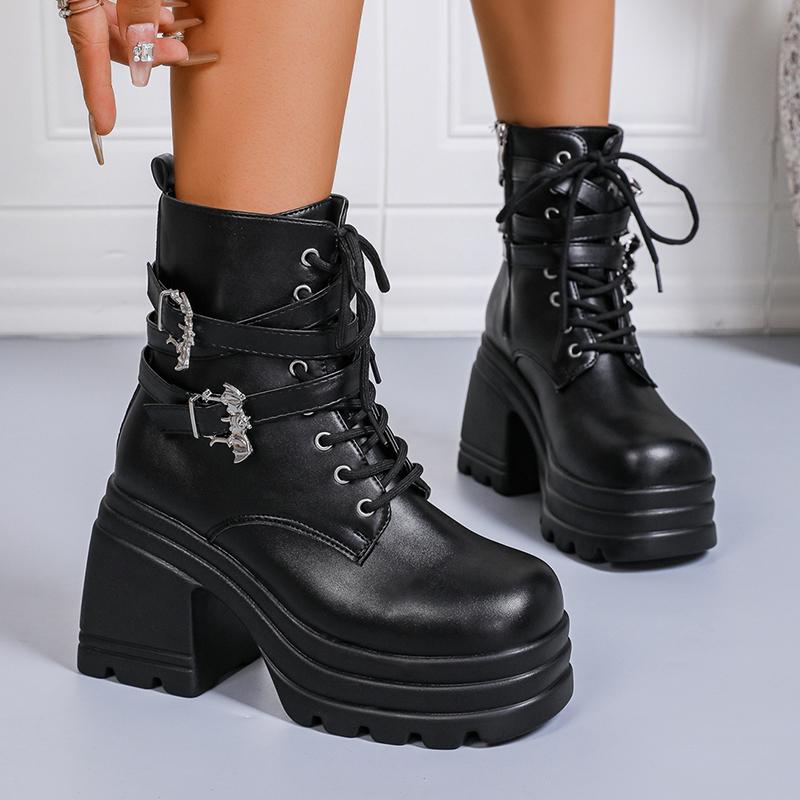 Fashion Chunky High Heel Ankle Boots Women 2025 Thick Platform Punk Gothic Boots Woman Fashion Buckle Lace Up Motorcycle Botas Mujer