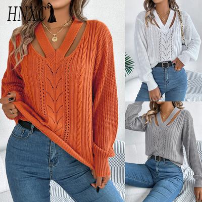 HNXC Automne et Hiver Pull Décontracté à Col V Creux Torsadé à Manches Lanternes pour Femmes