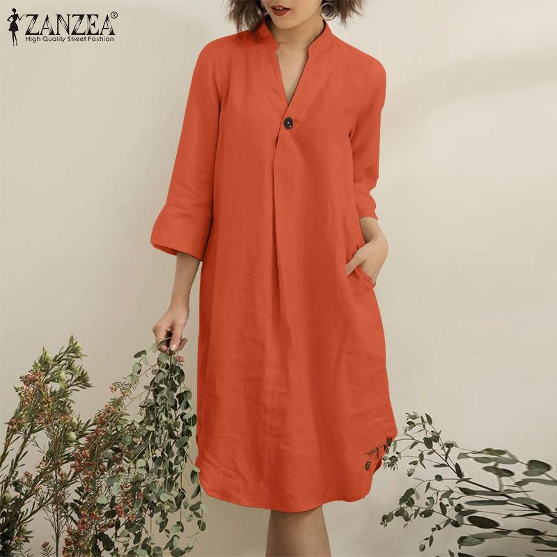 

ZANZEA Женское повседневное однотонное свободное платье-рубашка с v-образным вырезом и рукавами 3/4