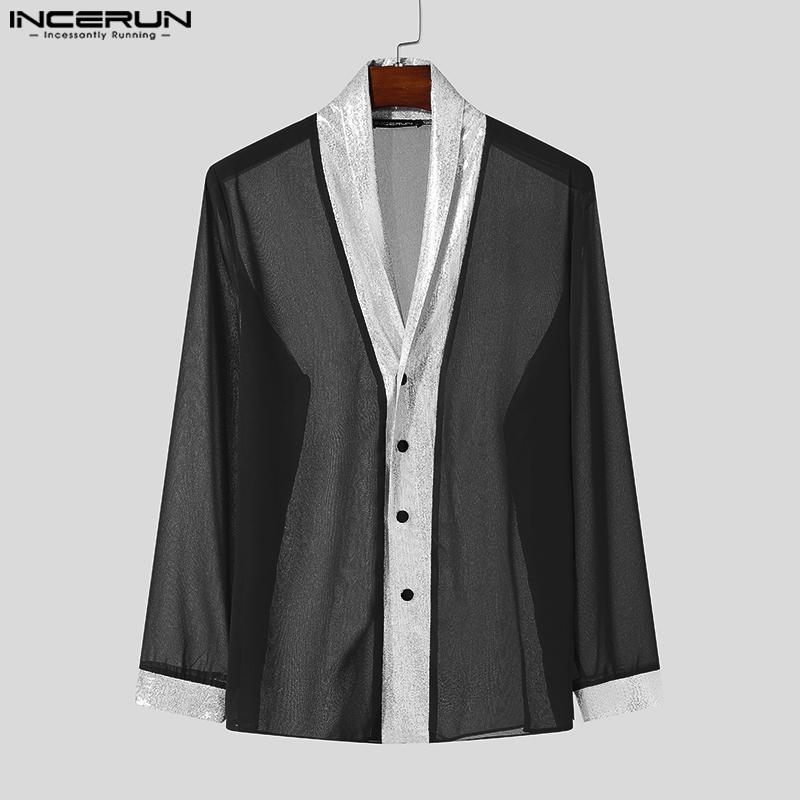 INCERUN მამაკაცის გრძელმკლავიანი ბრჭყვიალა პაჩვორკის გამჭვირვალე მაისურები, ბადის გამჭვირვალე ტოპები