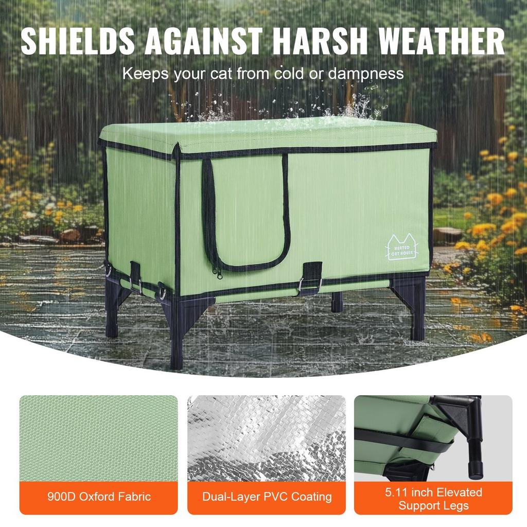 Elevated Heated Cat House Cuboid Kitty Shelter with Heated Pad Green (M)