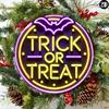 Halloween Trick or Treat Round Neon Metal Sign 8x8 Inch Aluminum Wall Art Home Office Decor Indoor Outdoor Bar Cafe