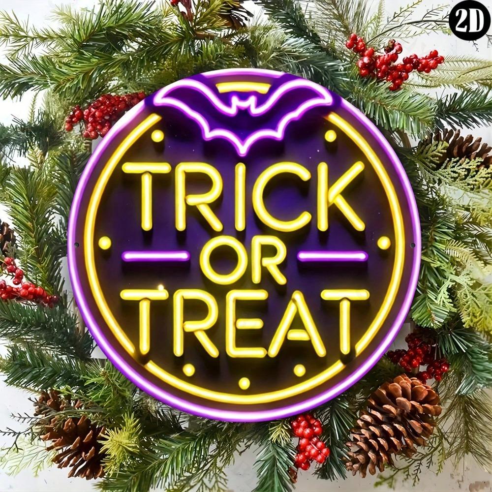 Halloween Trick or Treat Round Neon Metal Sign 8x8 Inch Aluminum Wall Art Home Office Decor Indoor Outdoor Bar Cafe