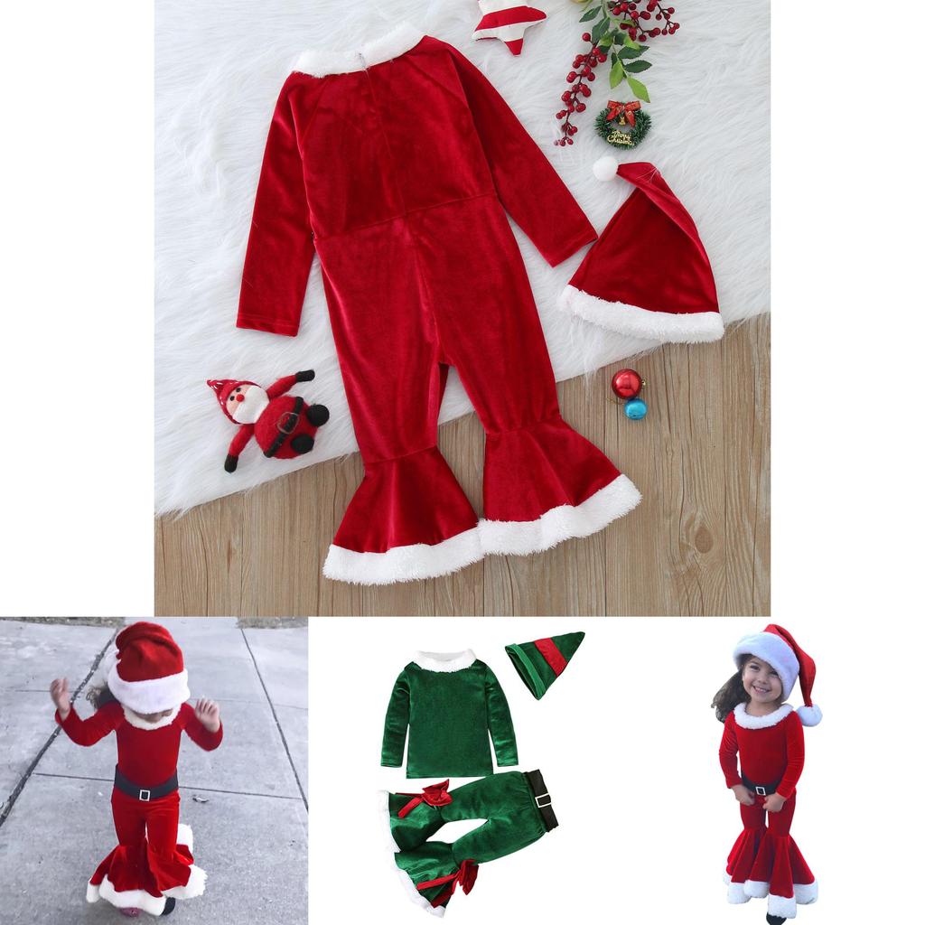 Festive Christmas Kids Girls Plush Flared Pants Suit With Santa Hat Tree Hat