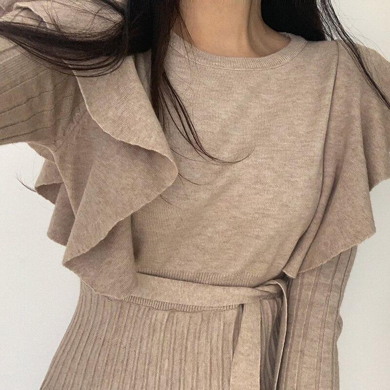 Fashion Ruffles Female Chic Knitted Sweater Dresses 2021 Spring Autumn Lace-up Slim Women Casual Knit Vestidos