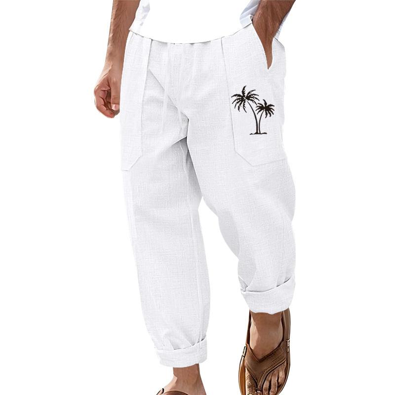 New fashion casual beach trousers men's coconut tree print cotton and linen loose trousers