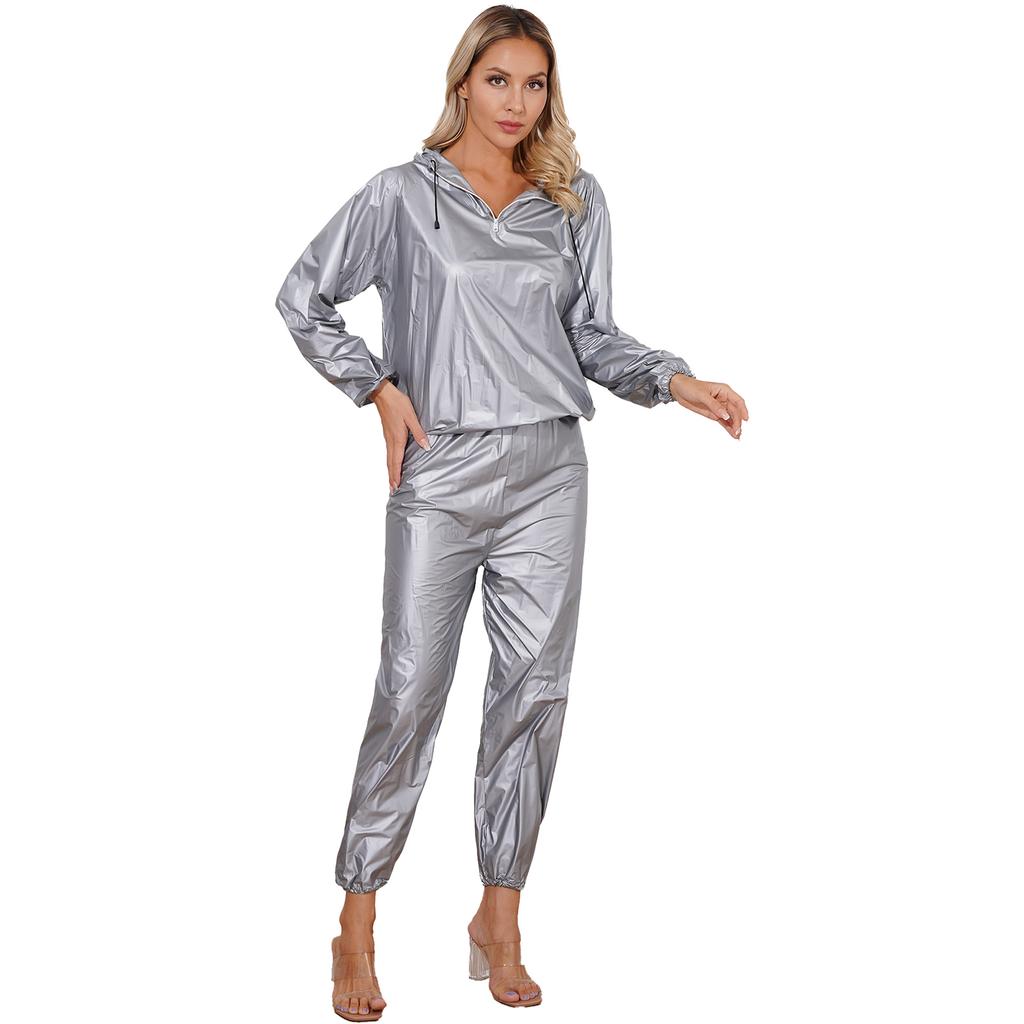 Unisex PVC Sports Suit Long Sleeve Zipper Hooded Top Elastic Waistband Pants Fitness Workout Outfits