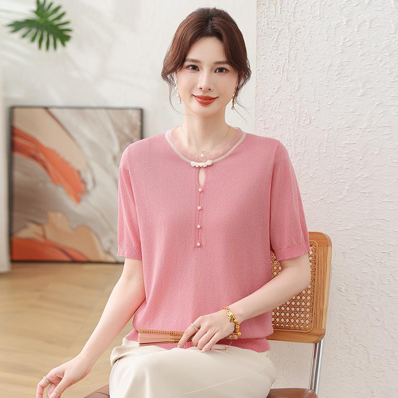 

Summer Ice Silk Maternity T-Shirt: Short-Sleeve, Slimming, Round-Neck Top for Middle-Aged & Elderly Women 2XL (110-120 lbs) розовый