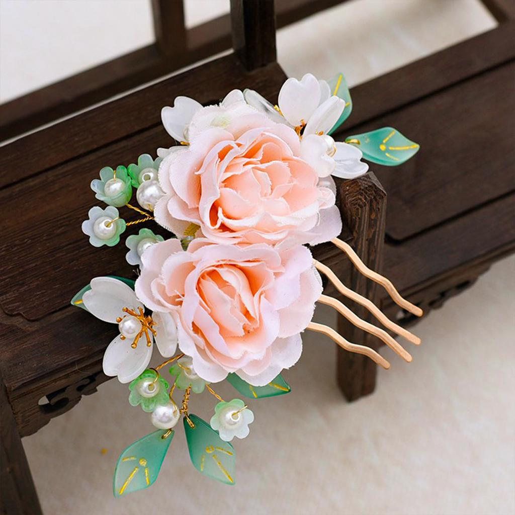 Vintage Blumenhaarnadel für Damen Elegant Gaze Pfingstrose Pfirsichblüte Rose Saison Haarkamm Exquisites chinesischer Stil Haaraccessoire
