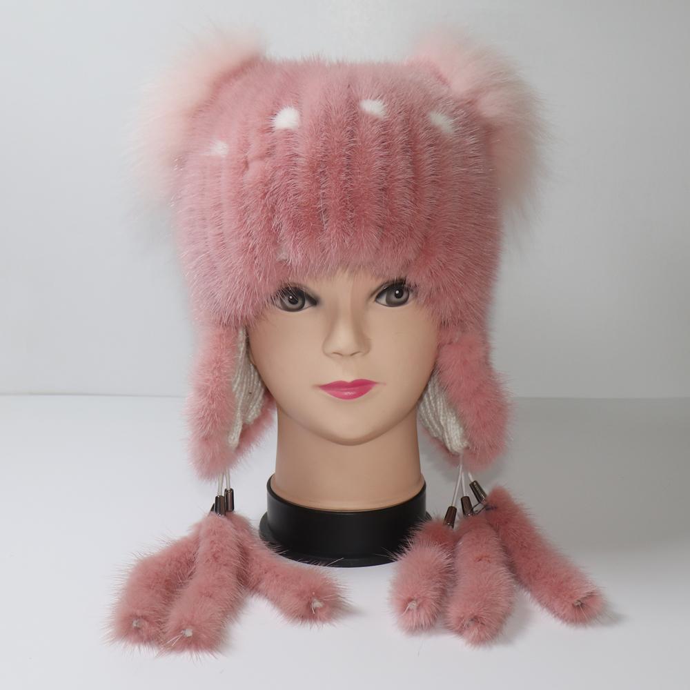 Ear Protection Hats For Women Natural Mink Fur Winter Hat Lady Real Fur Knitted Mink Fur Beanie Cap Good Quality Warm Fur Caps
