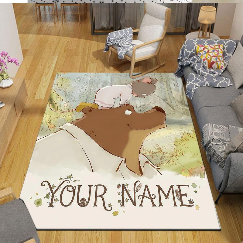 Custom Name,Ernest & Celestine Home Sofa Decoration for Living Room & Bedroom, Non‑Slip Play Flannel Floor Mat for Game Room