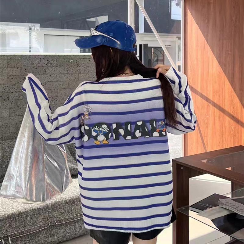 Women's Long Sleeve Plus Size Striped Sweater T-Shirt with Cartoon Print, Rhinestones, and Hip-Length Round Neck Design.