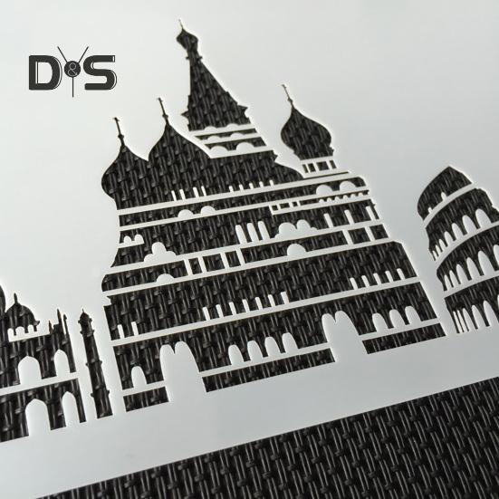 Plantilla para pastel, herramientas para hornear con patrón de construcción de punto de referencia, molde en relieve para decoración de postres DIY de PVC, 5 uds.