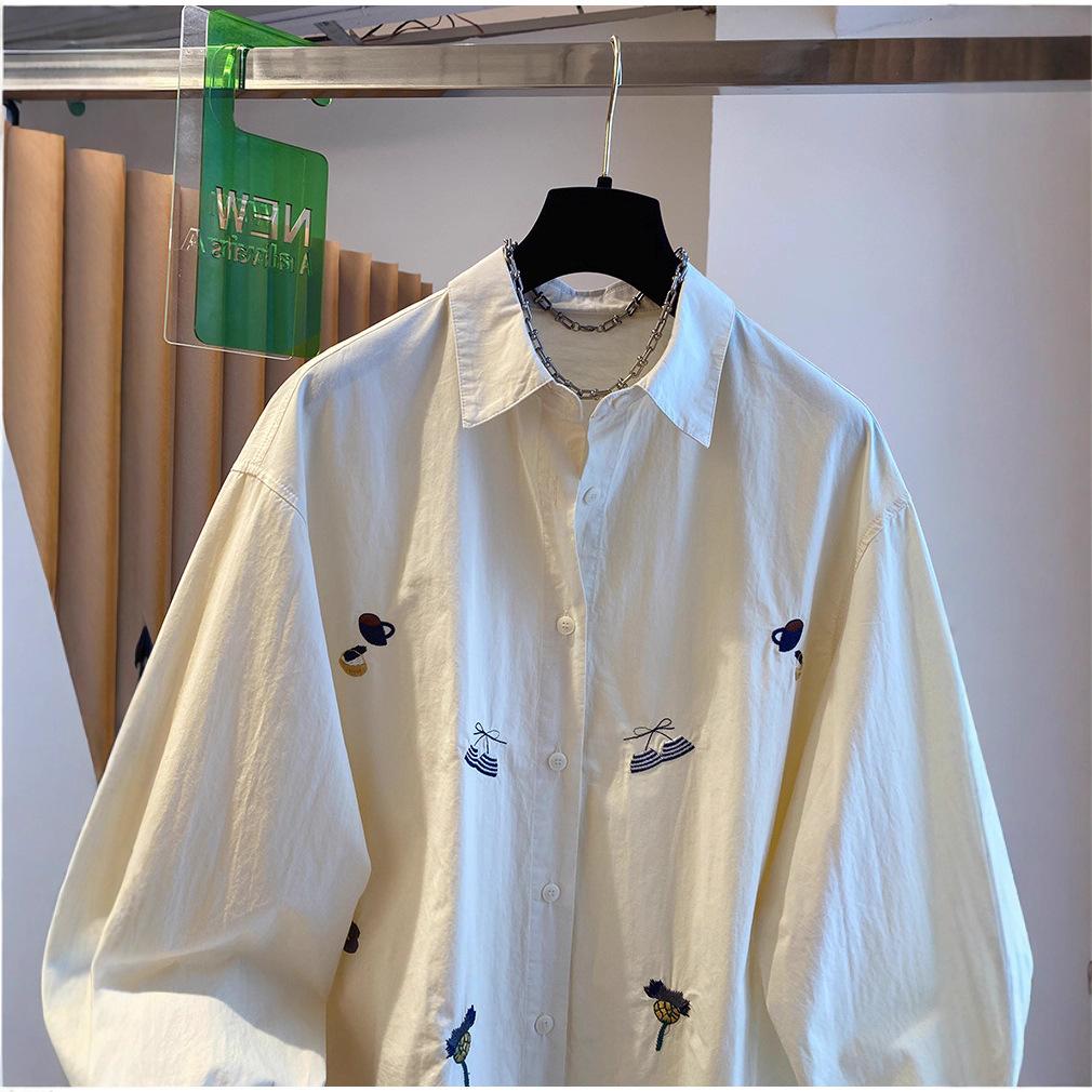 Korean Version of European Cartoon Embroidered Shirt Women's Autumn Design Cotton Large Version Long-sleeved Shirt Lazy Cardigan Top