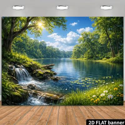 2D Natural Waterfall Backdrop Forest Lake Blue Sky Summer Landscape Background