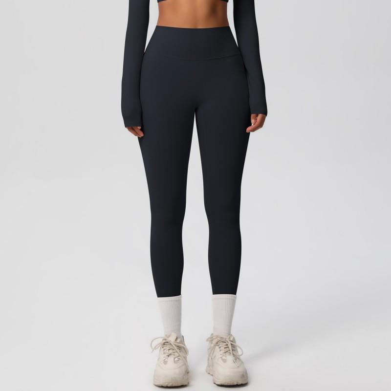 Womens High-Waisted Sports Leggings Solid Color Quick-Dry Double-Sided Brushed Yoga Running Fitness
