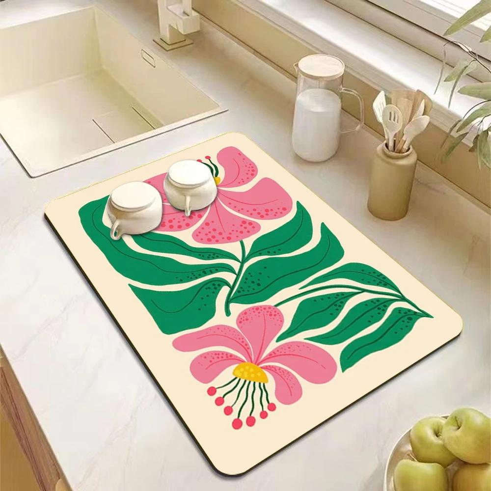 VIKAMA Abstract Floral Kitchen Dish Drainer Mat Absorbent Tableware Drainage Pad Non-Slip Tableware Mat Kitchen Accessories 20x30cm 8x12inch