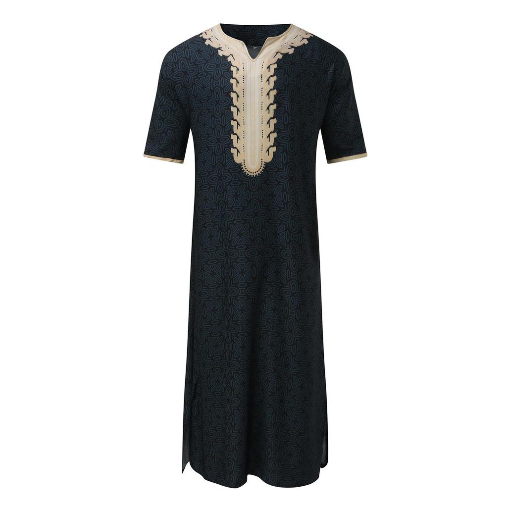 Arabische Robe für Herren, lockerer V-Ausschnitt, kurzärmelig, mit orientalischem Aufdruck, muslimische Herrenkleidung