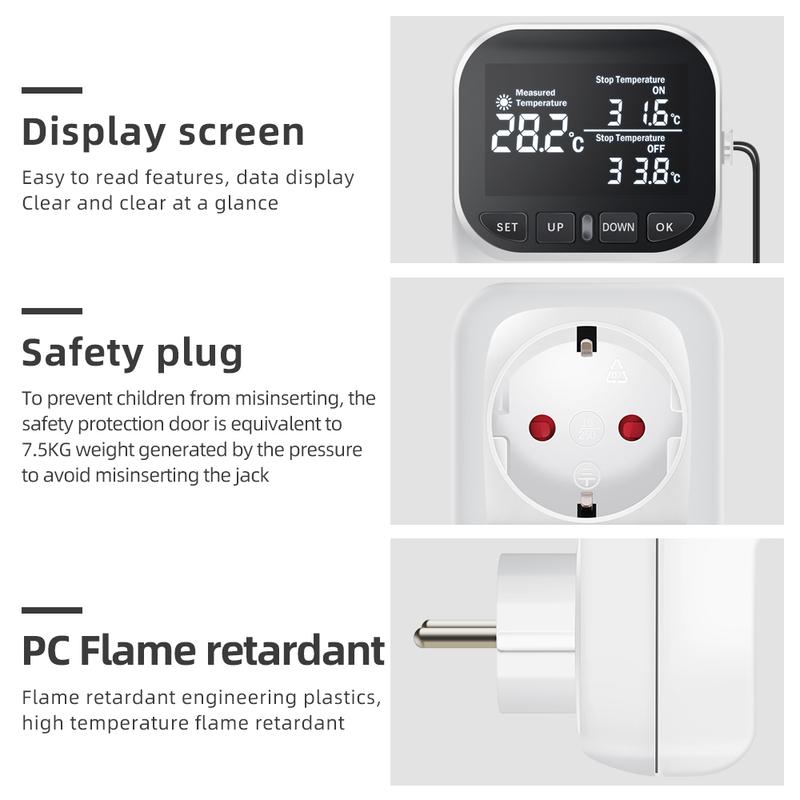 16A 230V Thermostatsteckdose Digitaler Temperaturregler Steckdose mit Sensor EU-Stecker Heiz-Kühl-Schalter mit Timer KWE-TC01