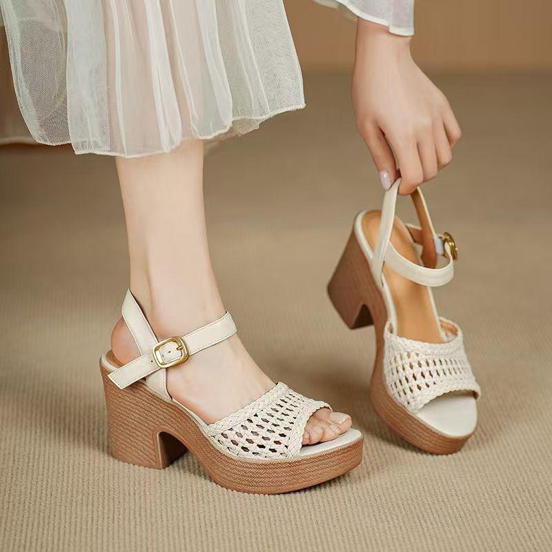 

Модные Элегантные Женские Плетеные Босоножки на Высоком Каблуке 2025 Лето Массивные Босоножки на Платформе Женские Повседневные Пляжные Туфли для Отпуска 40 бежевый
