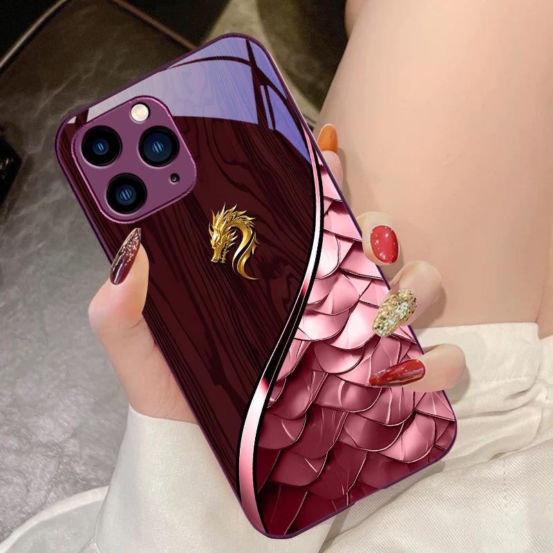 Black Tempered Glass Phone Case for iPhone 15 Pro 14 13 12 Mini 11 XS Max XR 7 8 Plu SE 2020 2022 Wood Grain Dragon Scale Red