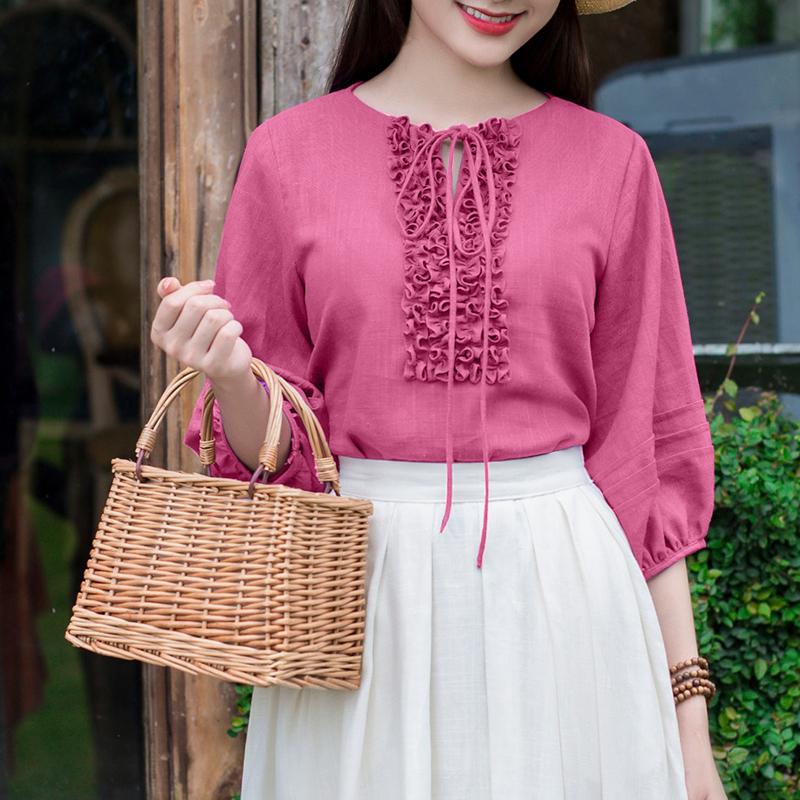 ZANZEA Bluză casual de damă cu volane, mâneci 3/4 și talie legată