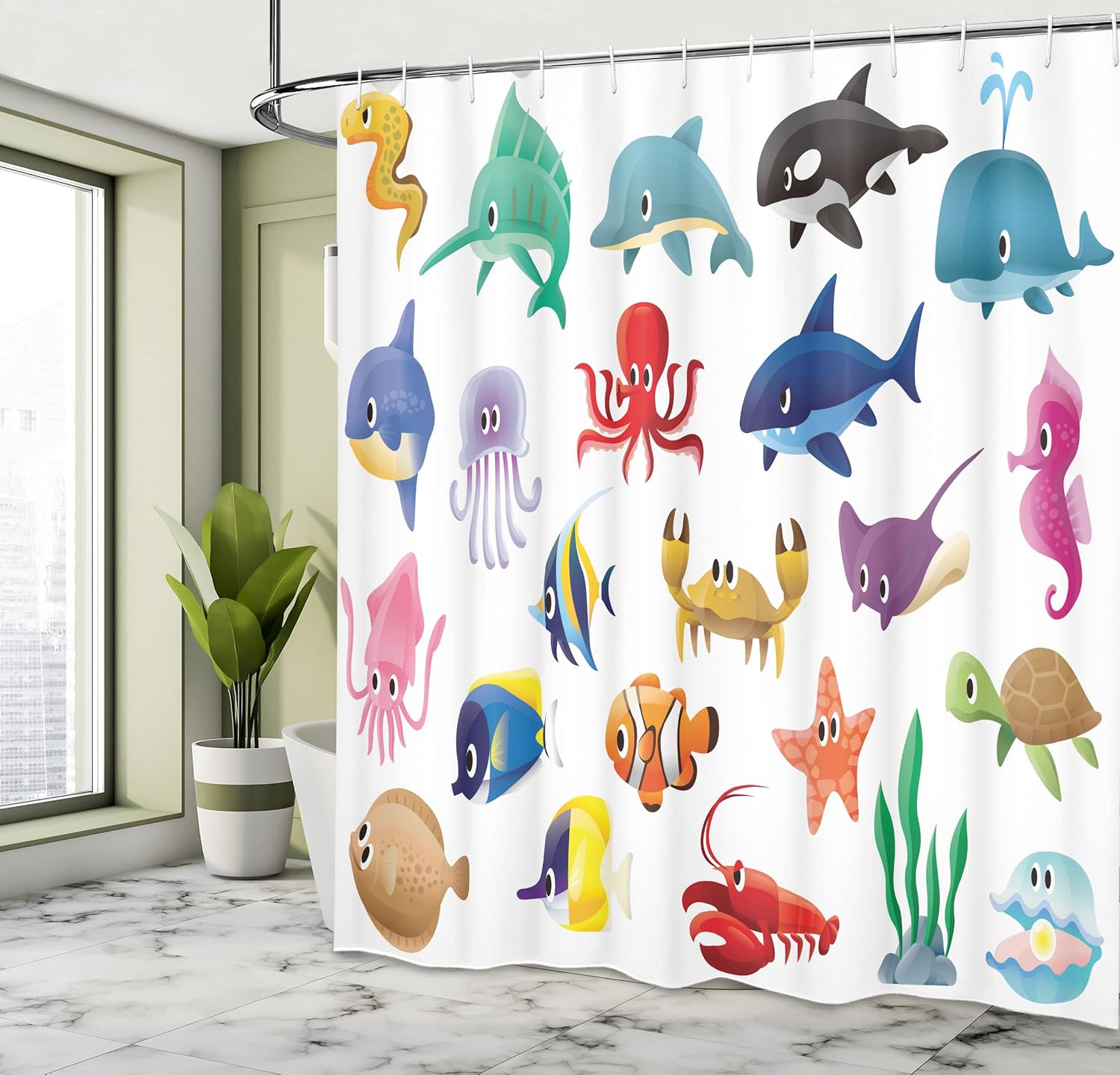 Dunika Chen White Marine Life Shower Curtain With Hooks – Colorful Sea Creatures, Whale, Octopus & Starfish, Multicolor Kids Art