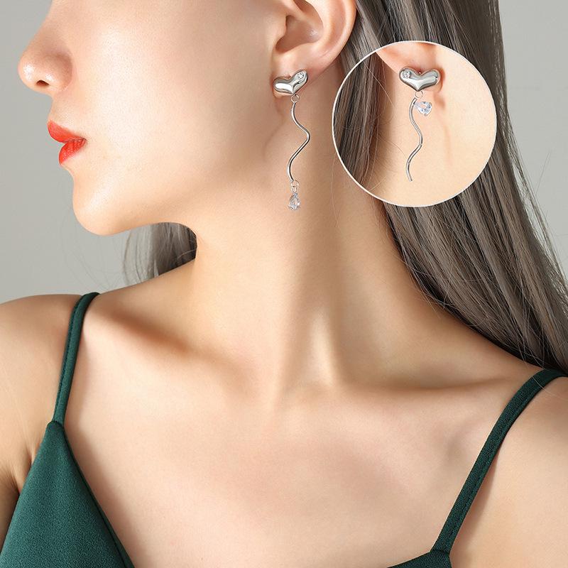 Korean Style Asymmetrical Zircon Heart Earrings