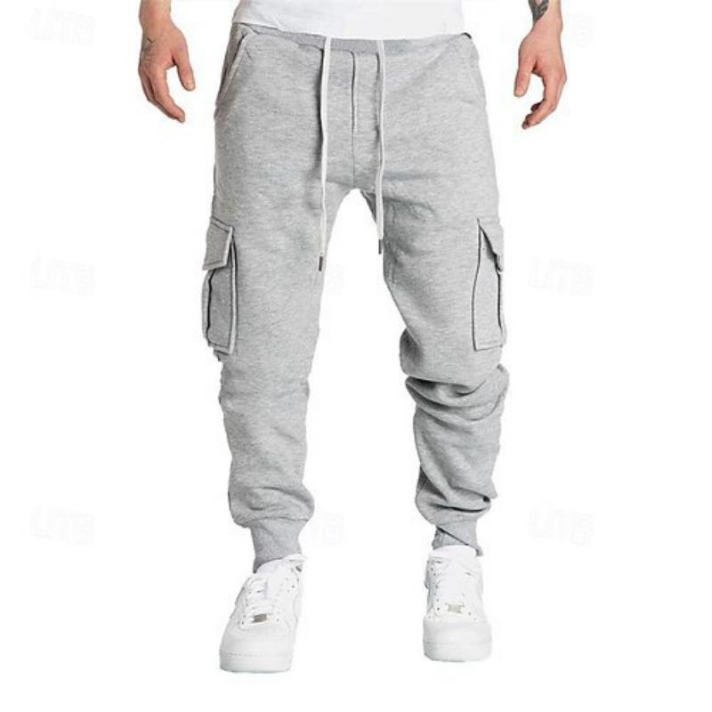 Mens Retro Casual Cargo Pants Loose Multi Pocket Drawstring Long Trousers