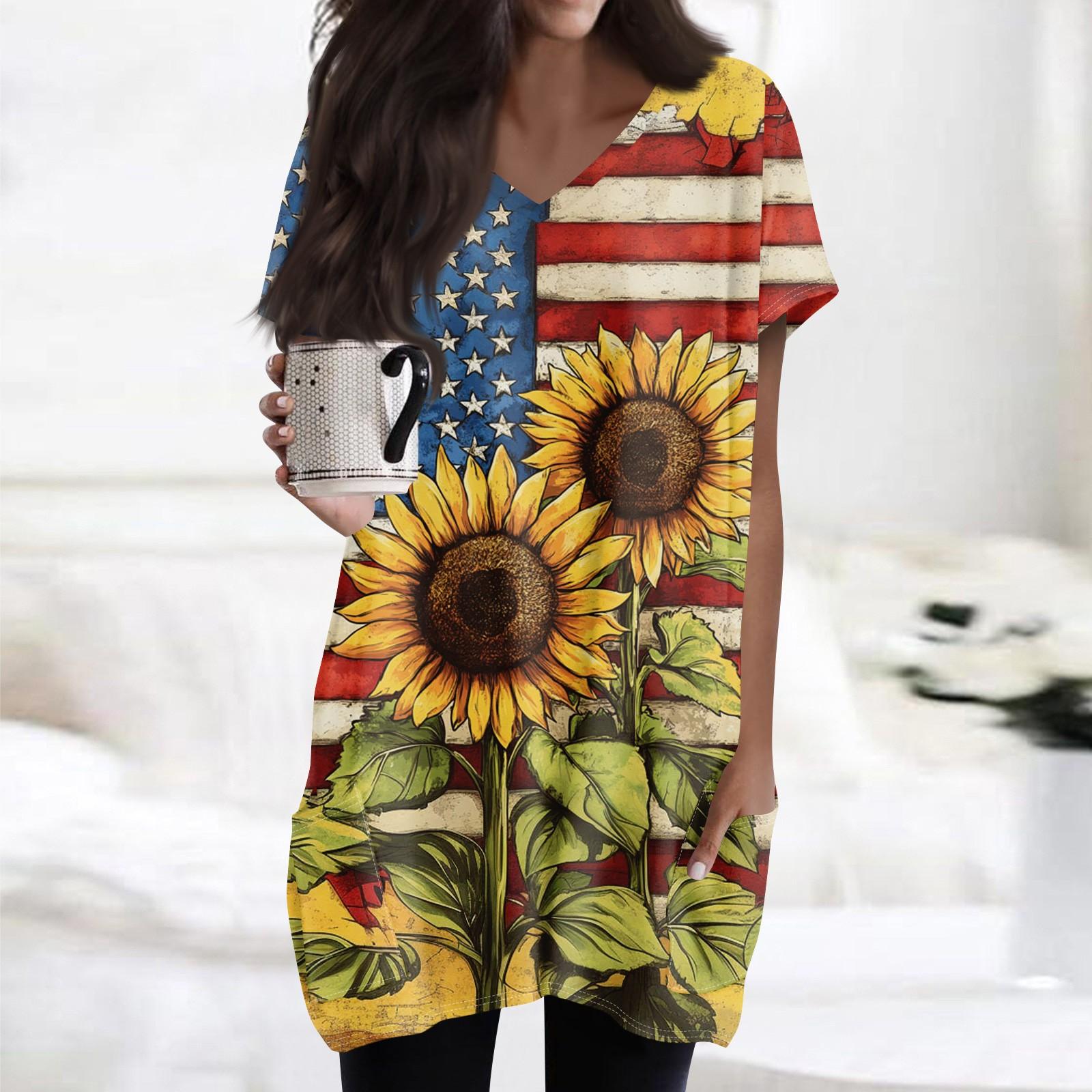 

Женские топы с V-образным вырезом, блузки с коротким рукавом, повседневные рубашки средней длины, модные туники с принтом «День независимости» и карманами XL жёлтый