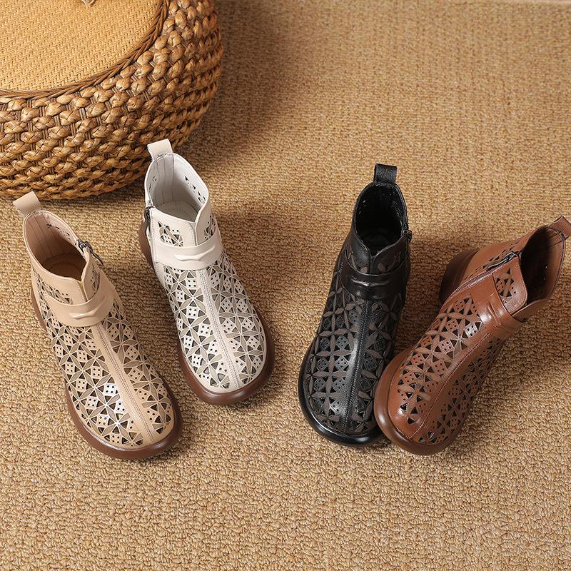 Fashion GKTINOO 2025 Summer Ankle Boots Genuine Leather Shoes Women Low Heels Sandals Side Zip Boots Cutout Breathable Mujer Zapatos