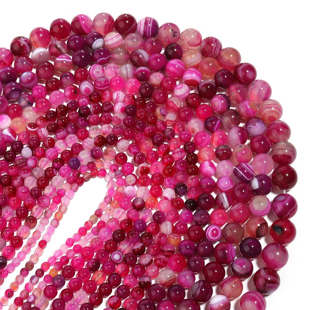 4/6/8/10/12mm Heißes Pink Natürliche Streifenachatsteinperlen Runde Edelsteinlose Perlen Für DIY Schmuckherstellung Armbänder Halskette
