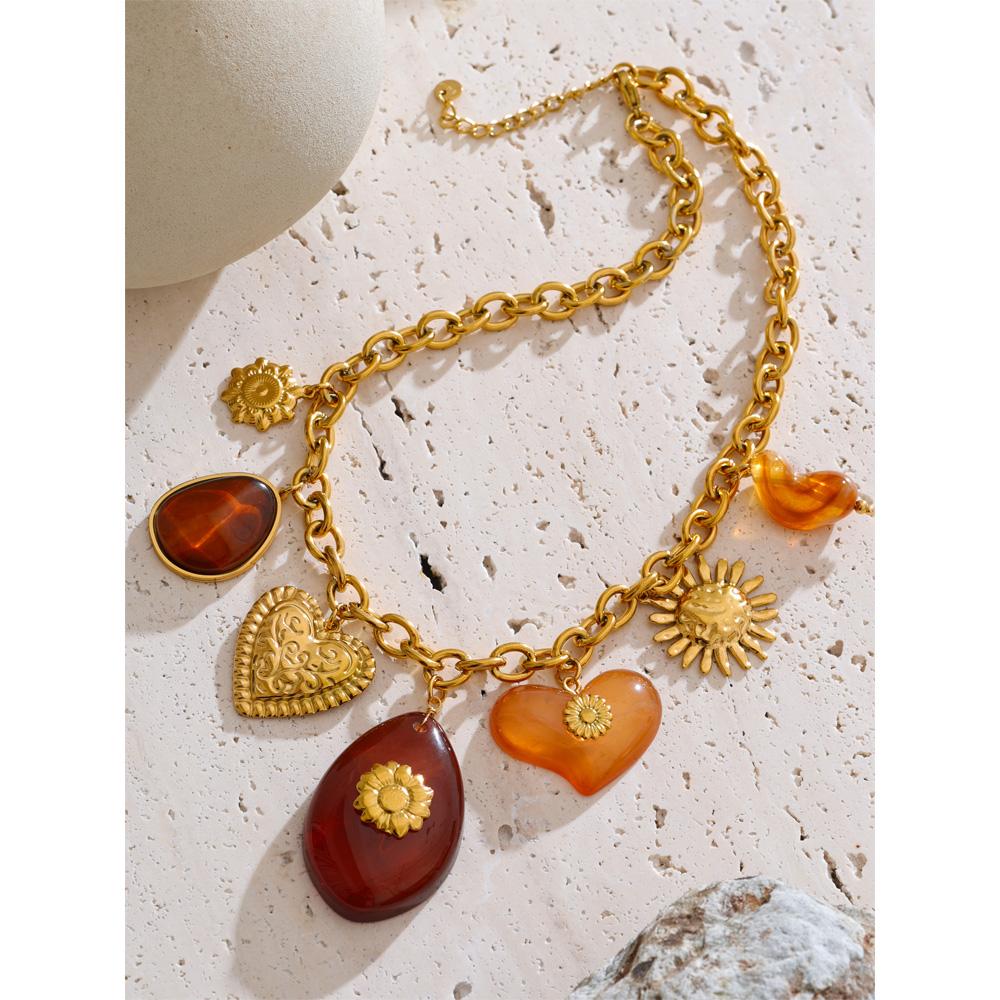 Eetit Red Resin Oval Heart Sun Drop Necklace Golden 316L Stainless Steel Summer Charm Collar Jewelry Waterproof 2025