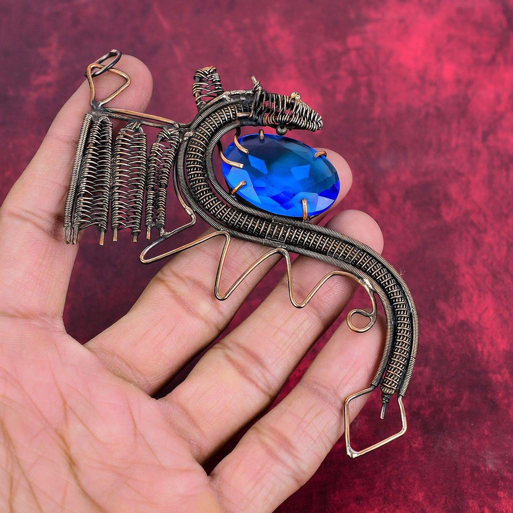 Faceted London Blue Topaz Pendant Copper Wire Wrapped Gemstone Pendant Handmade Dragon Pendant Copper Wire Wrapped Jewelry Gifts for Friend