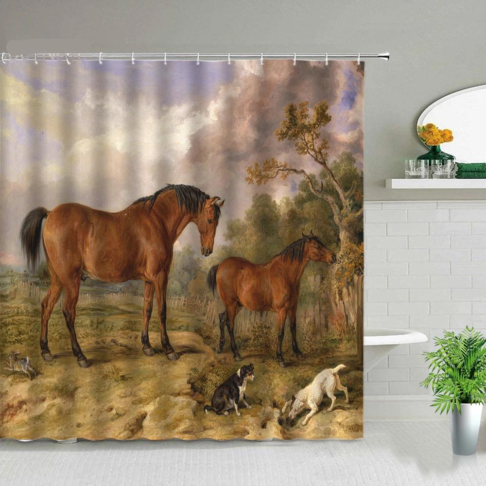 Farm Animal Horse Shower Curtain Wildlife Elephant Leopard Lion Tiger Pattern Shower Curtain Set Highland Cows Bathroom Curtains