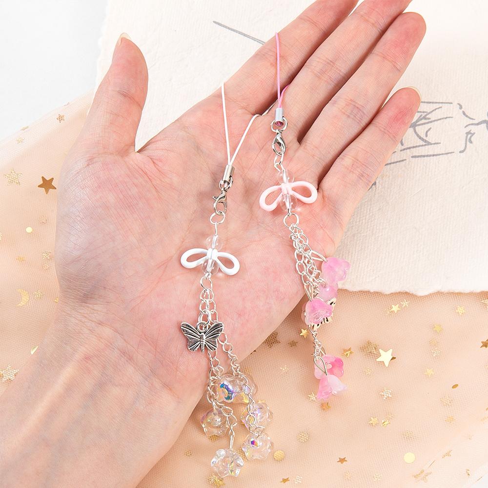 1Pc Phone Charm Pendant Cute Kawaii Pink Bowknot Keychain Bag Phone Strap Girl Cellphone Lanyard Keyring Birthday Jewelry DIY