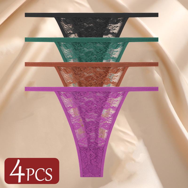 4Pcs/Set Sexy Lace Panties Women Elastic Hollow Out Transparent G-string Thong Female Lace Underpants Perspective Sexy Intimates