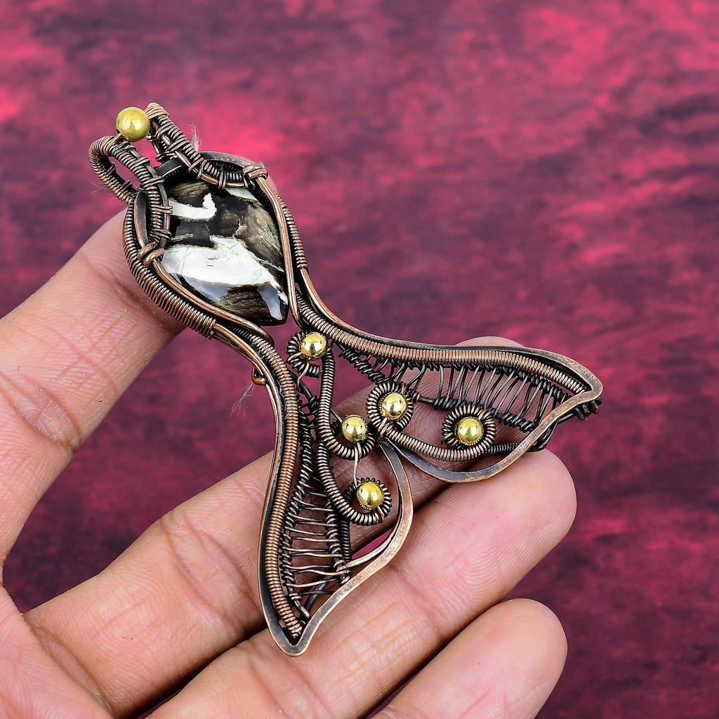 Peanut Wood Jasper Gemstone Pendant Copper Wire Wrapped Jewelry Fish Pendant