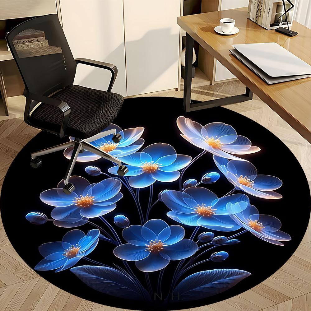 1pc Glowing Blue Flowers Chair Carpet for Office, Round Non-Slip Durable Large Size Office Carpet, Suitable for Office, Beautiful Decoration