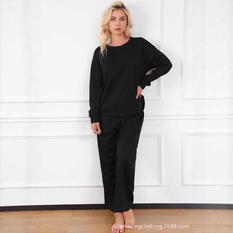 New Fall/Winter Solid-Color Textured Casual Women's Two-Piece Set - Loose-Fitting