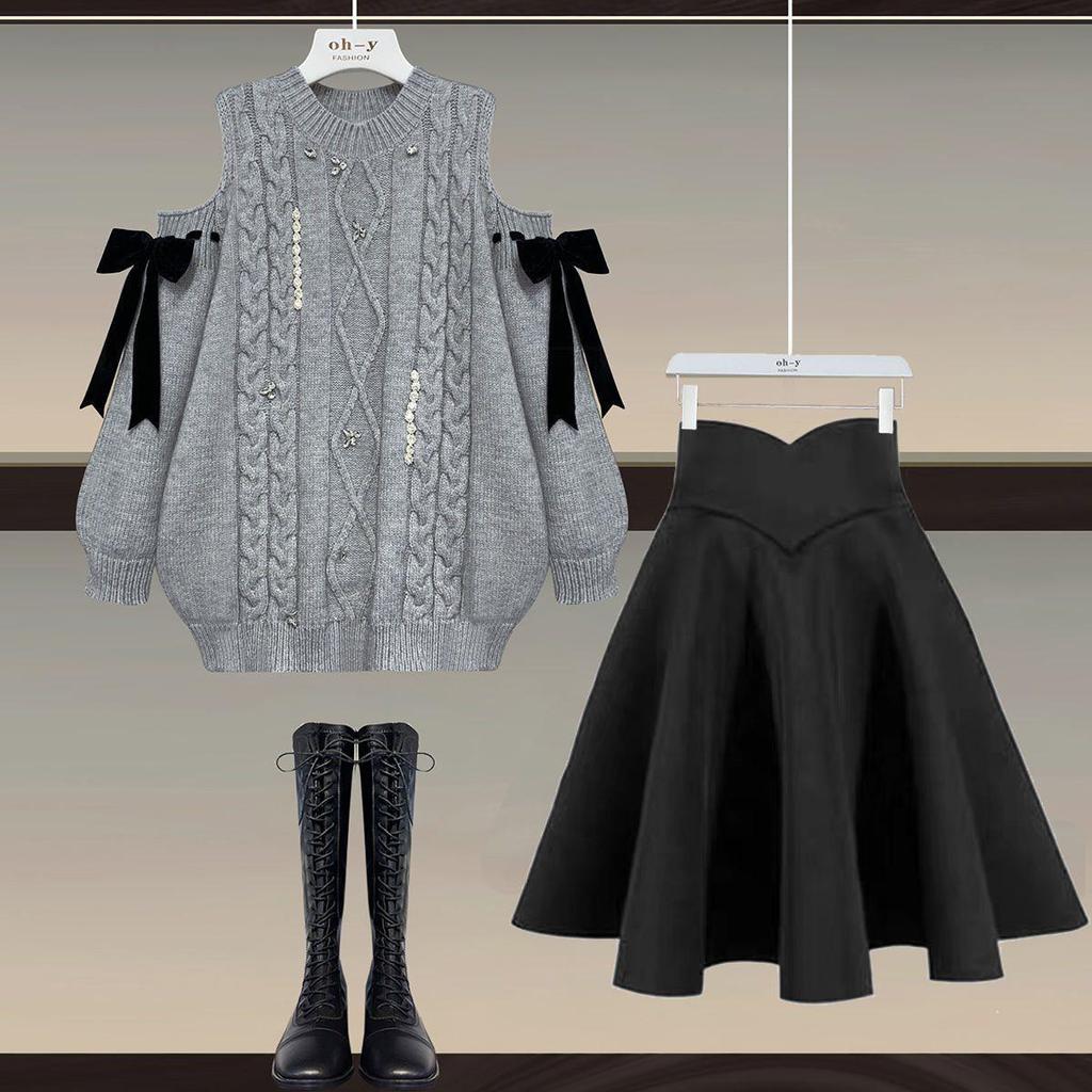 2025 Plus Size Winter Two-Piece: Slimming Lantern Sleeve Knit Sweater & A-line Skirt Set